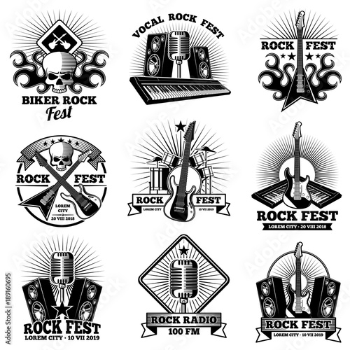 Retro rock n roll band labels. Grunge rocks party festival vector labels