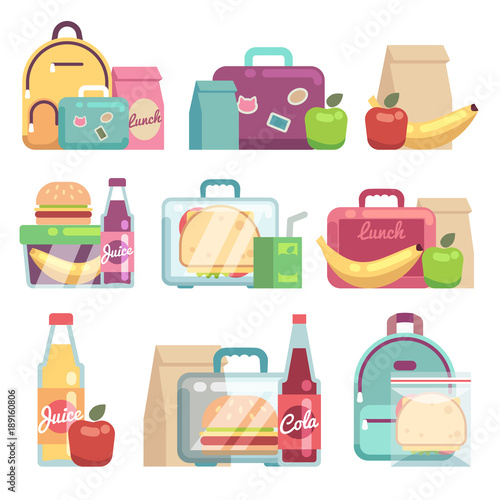 School snacks bags. Healthy food in kids lunch boxes vector set