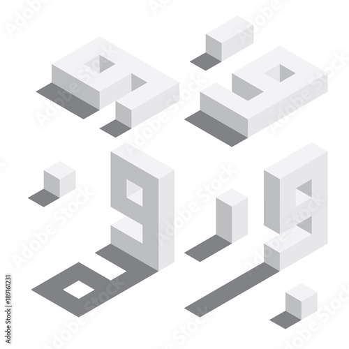 Number 9 in isometric style. White on white digits with shadows. Educational set