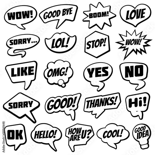 Vintage speech bubble with internet chat dialog words comic vector collection