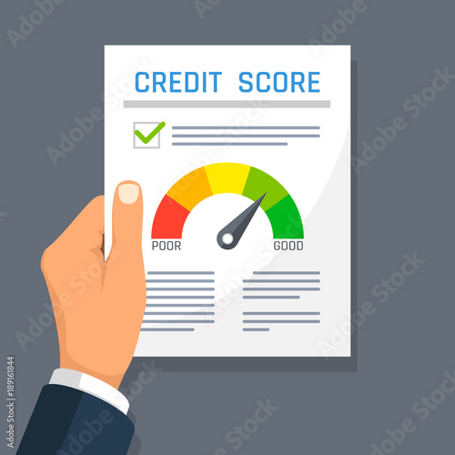 Businessman hand holding credit history finance document with score indicator. Mortgage approval vector concept