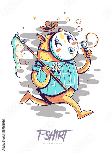 Poster, card or t-shirt print with cat blowing bubbles. Trendy hipster style illustration