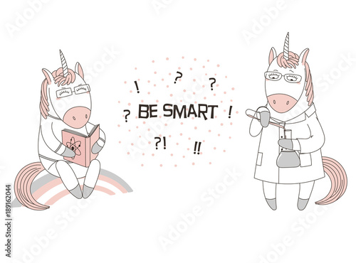 Hand drawn vector illustration of a cute funny cartoon unicorns in glasses, reading a book, in a lab coat, with chemical reagents, text. Isolated objects. Design concept for children, geek culture.