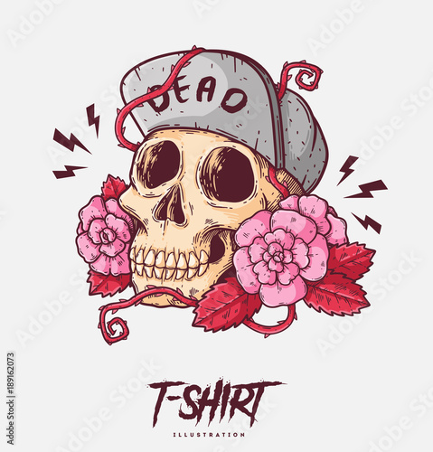 Poster, card or t-shirt print with skull and roses. Trendy hipster style illustration