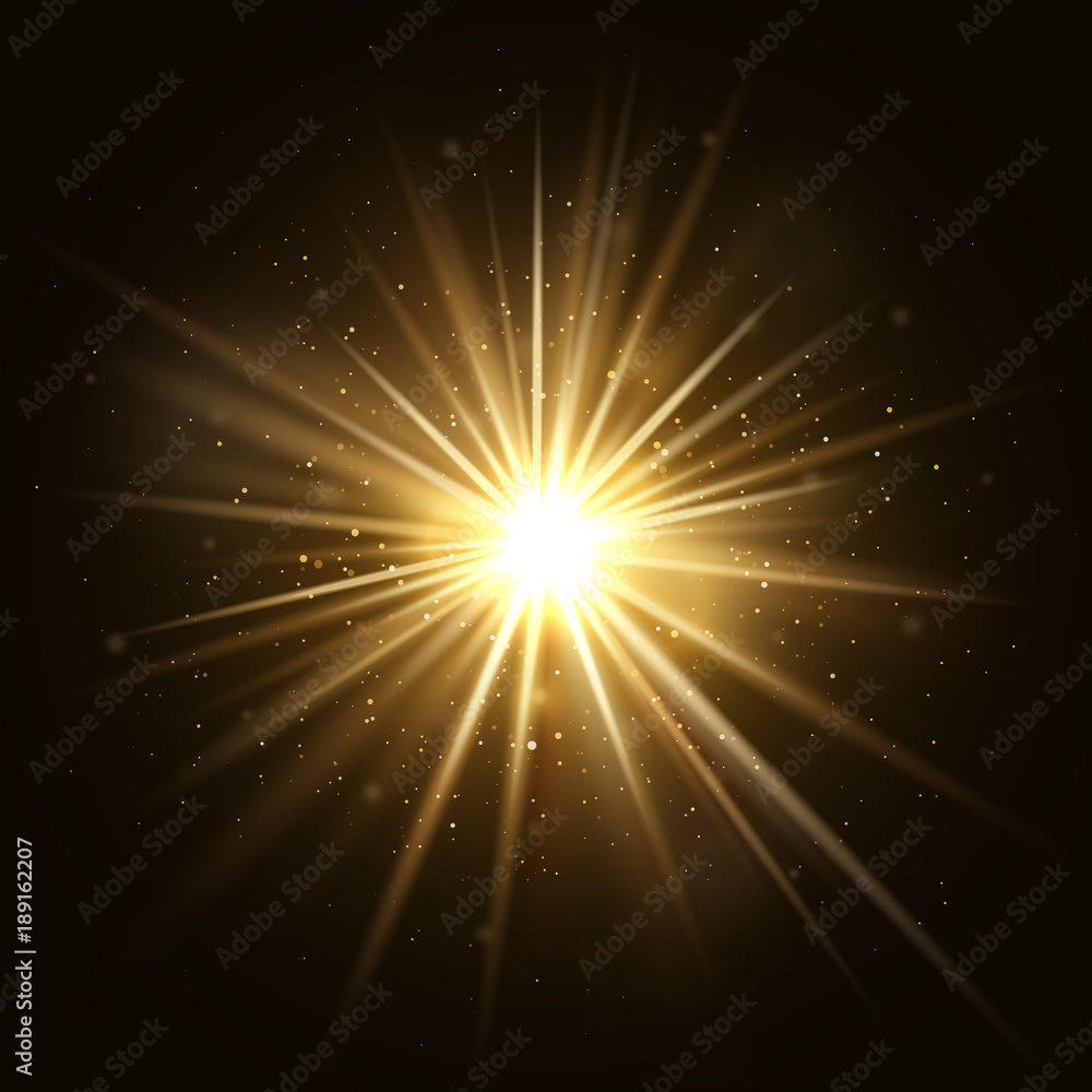 Gold star burst. Golden light explosion isolated on dark background vector illustration - obrazy, fototapety, plakaty 