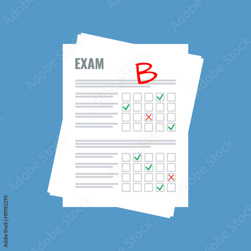 exam sheet with B grade, flat design