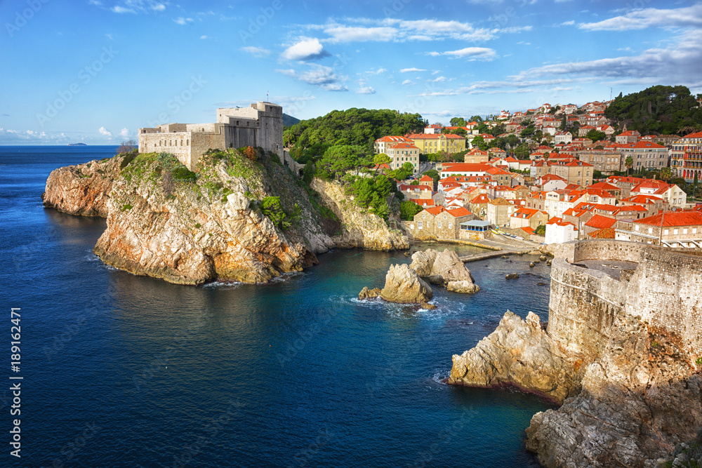 Best view of Dubrovnik - Fortresses Lovrijenac and Bokar seen from  old city walls . Croatia. South Dalmatia.