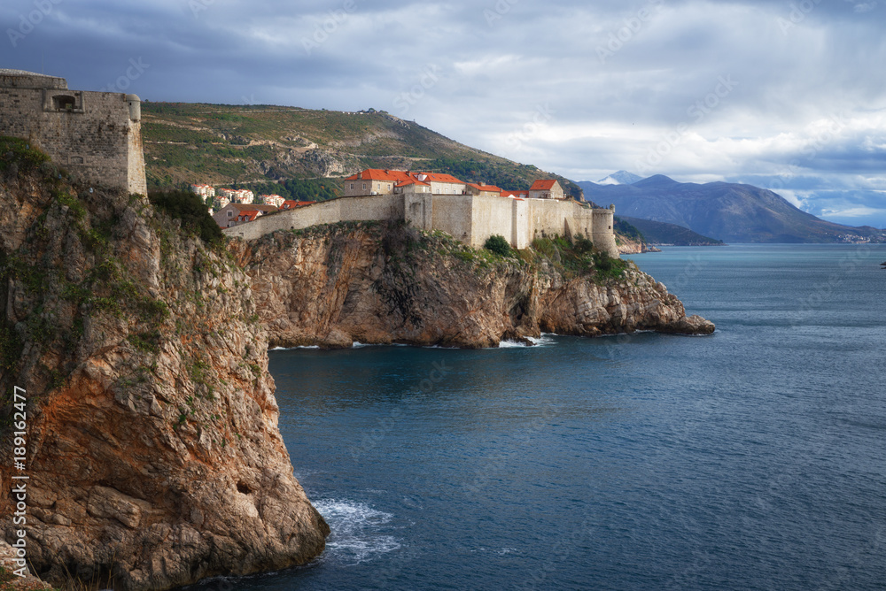 View of the old town and fortification wall in Dubrovnik on a winter day, Croatia