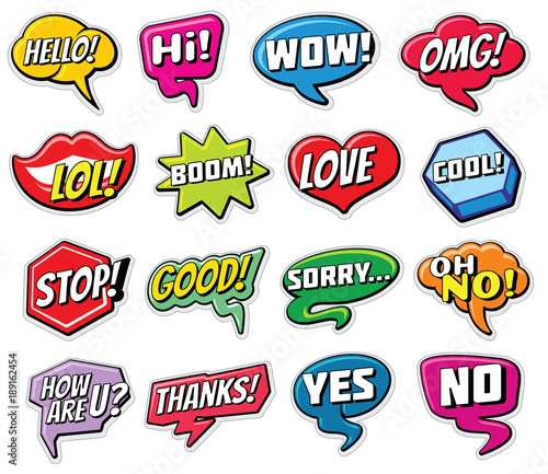Web chat vector stickers templates. Internet words speech bubbles isolated