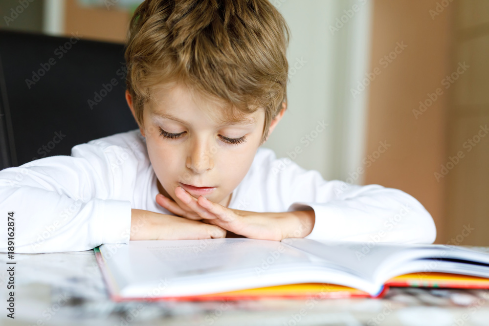 Little blonde school kid boy reading a book at home Little blonde school kid boy reading a book at home