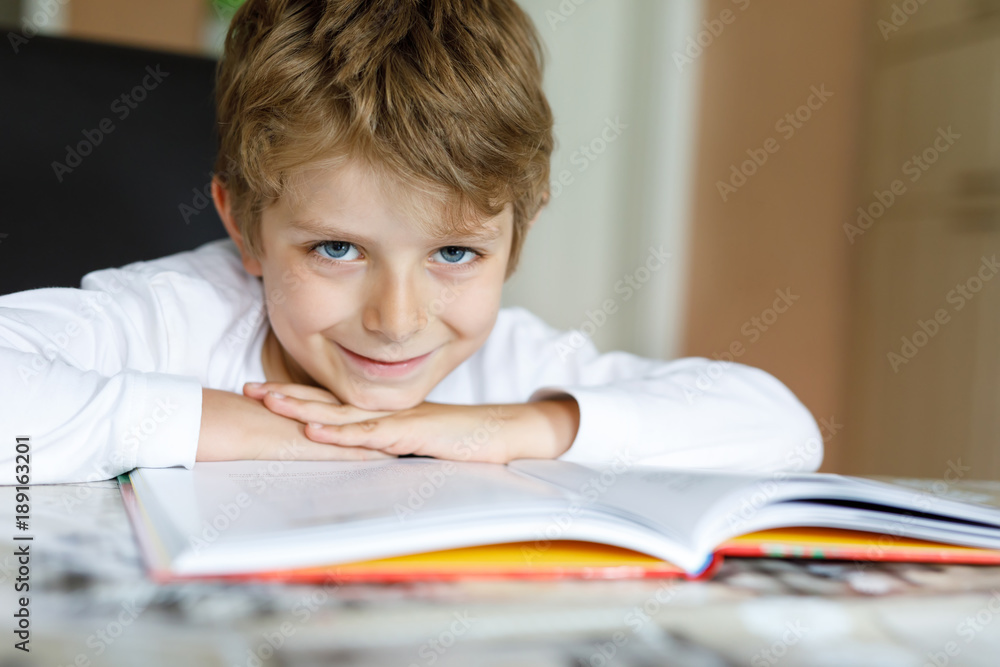 Little blonde school kid boy reading a book at home Little blonde school kid boy reading a book at home