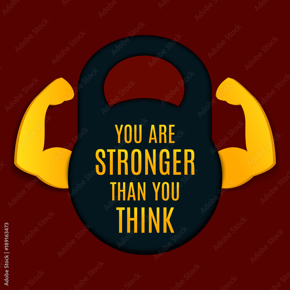 You are stronger than you think inspirational quote on a kettlebell sign  with biceps muscle symbol. Bodybuilder arms sign in 3D paper cut and craft  style. Weightlifting fitness club emblem. Stock Vector