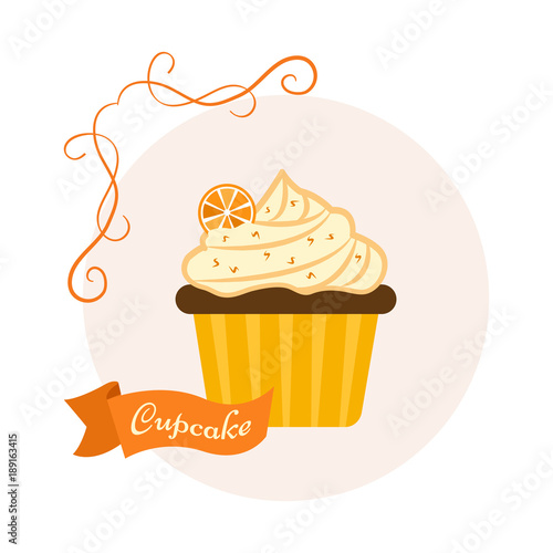 Citrus sweet dessert. Cupcake with orange. Vector illustration