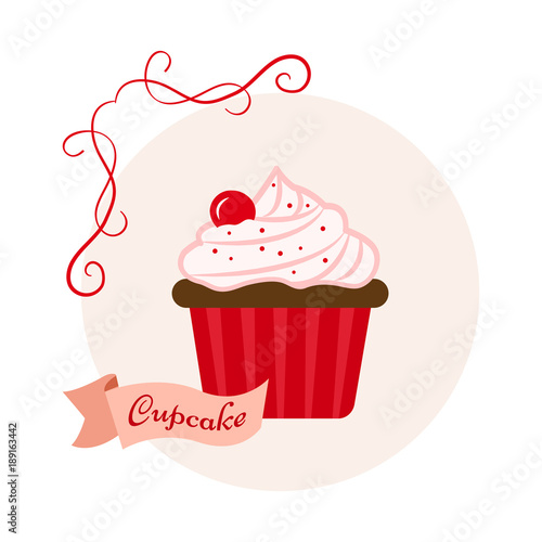 Fruit sweet dessert. Colored cupcake with cherry on light red background and ribbon with inscription. Vector illustration