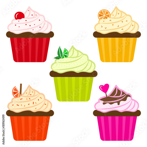 Sweet dessert. Colorful set of fruit cupcakes. Vector illustration