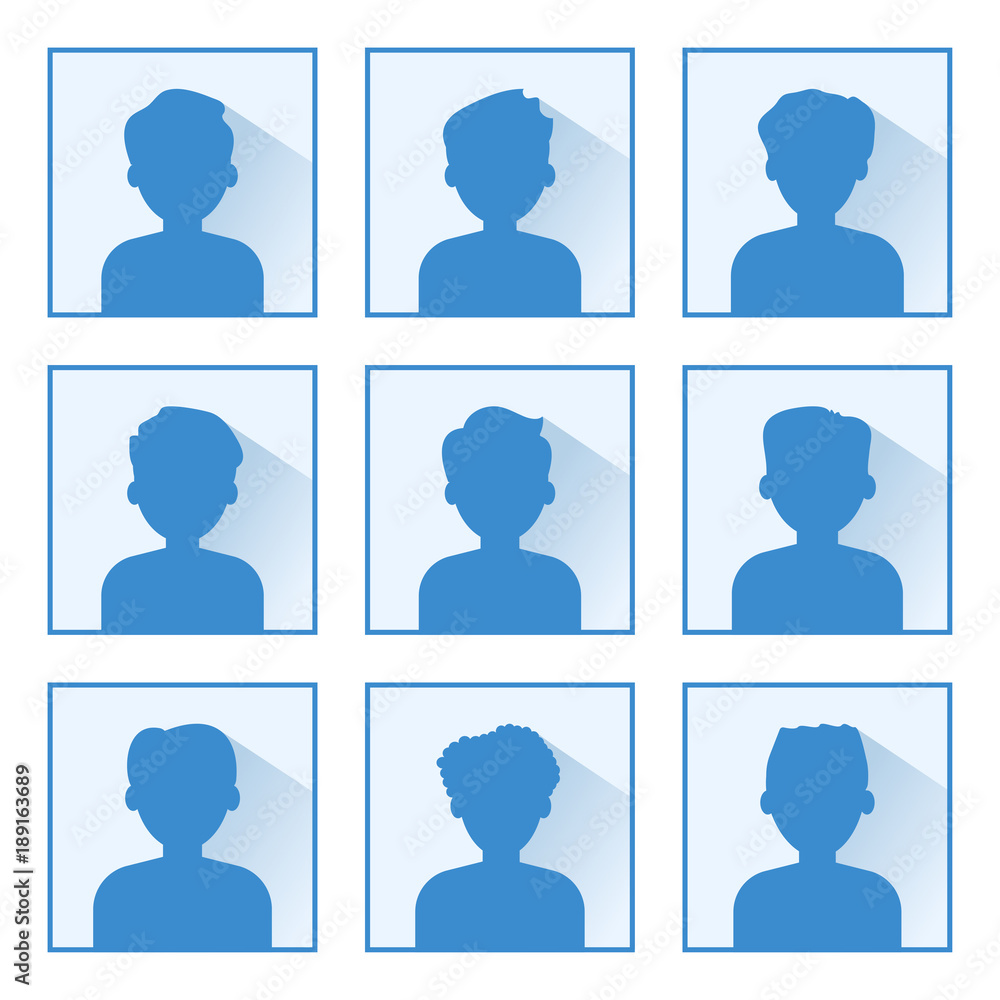 Set of avatar profile picture icon. Blue silhouettes on light blue ...