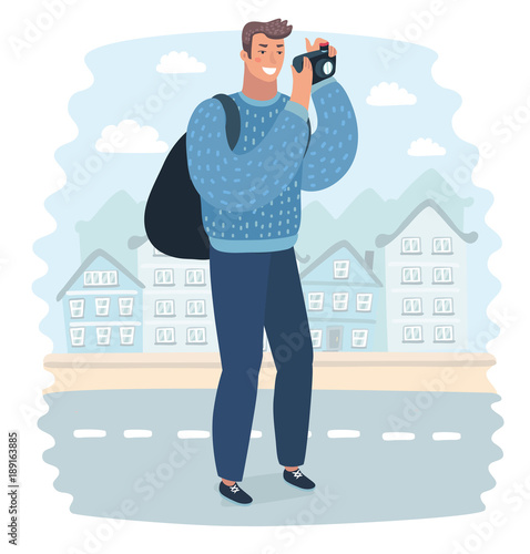 Vector cartoon illustration of Man wanderer is taking photo on camera of city, while he standing on a street. 