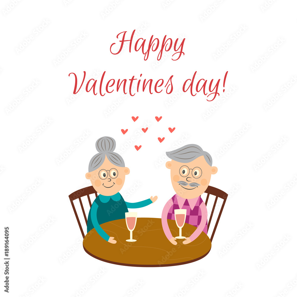 Happy Valentine day greeting card with funny old elder senior couple  sitting at café table, comic, cartoon vector illustration isolated on white  background. Funny old couple celebrating Valentine day Stock Vector |