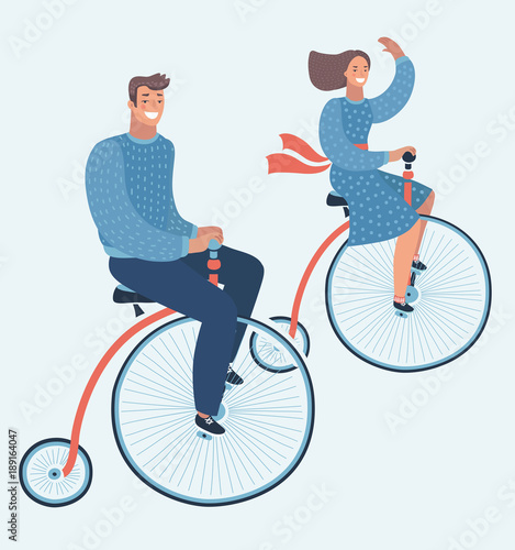 Happy young man and woman characters couple riding tretro bicycle isolated  photo