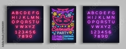 Carnival party design template, brochure, poster in neon style. Bright luminous invitation to the carnival party, masquerade. Neon sign, flyer. Mardi Gras Vector illustration. Editing text neon sign