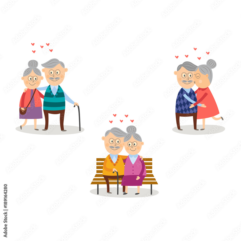Vector elderly couple in love dating valentines day set. Cartoon characters celebrating their love sitting at restaurant drinking wine, embracing, kiss sitting at street bench . Isolated illustration Vector elderly couple in love dating valentines day set. Cartoon characters celebrating their love sitting at restaurant drinking wine, embracing, kiss sitting at street bench . Isolated illustration