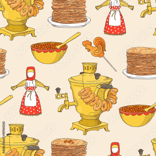 Hand drawn Shrovetide or Maslenitsa seamless pattern