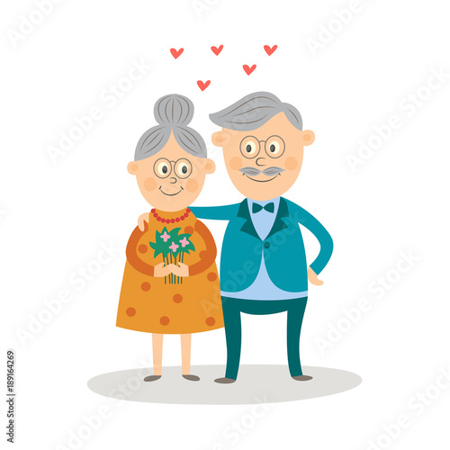 Vector elderly couple in love dating at valentine's day. Cartoon grey-haired characters in casual clothing embrasing, man giving flowers bouquet to woman. Isolated illustration, white background