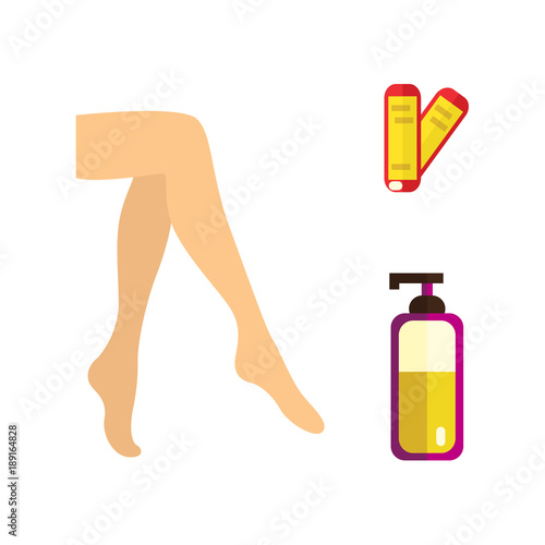 vector flat hair removal tools. Hot wax in bowl, well-groomed woman legs, bottle with after shaving lotion, skin care cosmetic cream icons. Isolated illustration on white background.