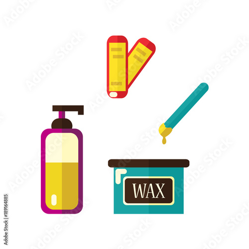 vector flat shaving, hair removal, epilation and depilation tools icon set. Wax strips and hot wax bowl, skin cream, lotion. Isolated illustration on a white background.