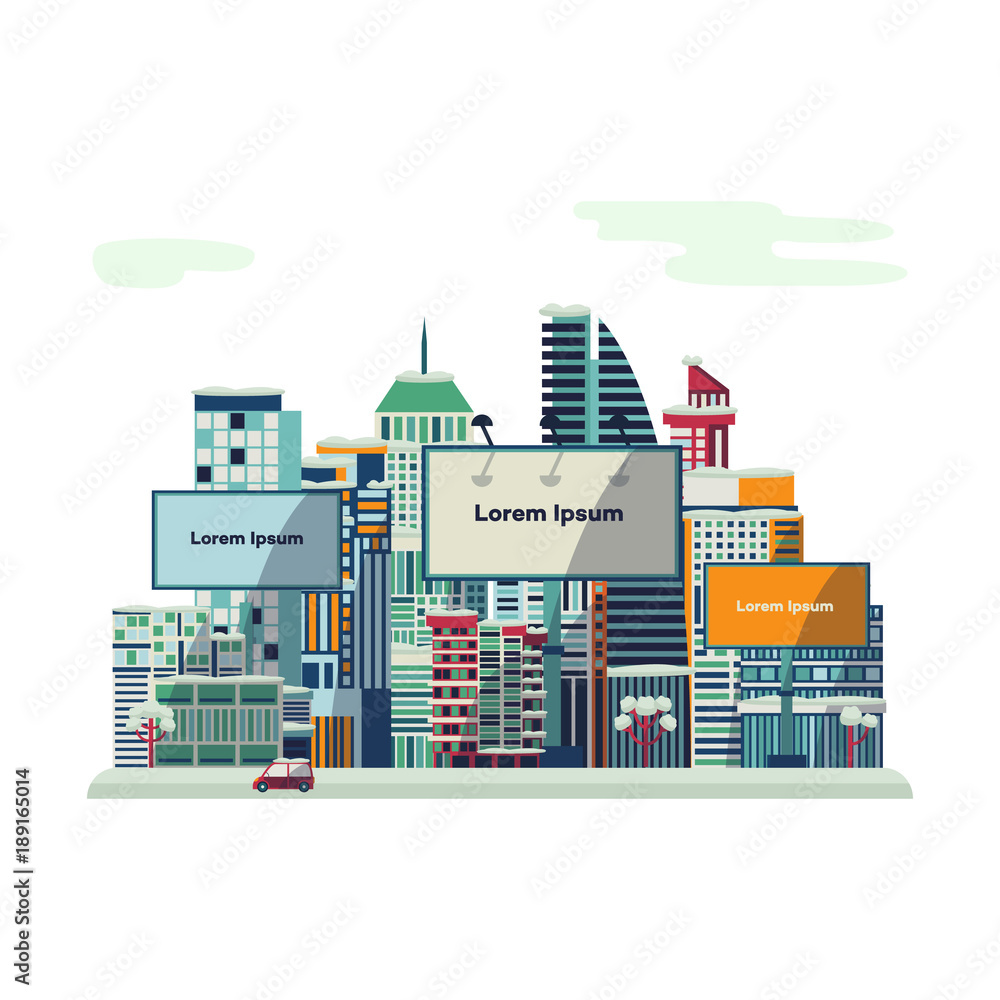 Obraz premium Vector flat urban landscape background design template. Illustration building modern skyscaper business office apartment, construction architecture, residental cottage ,car streetlight billboard cloud