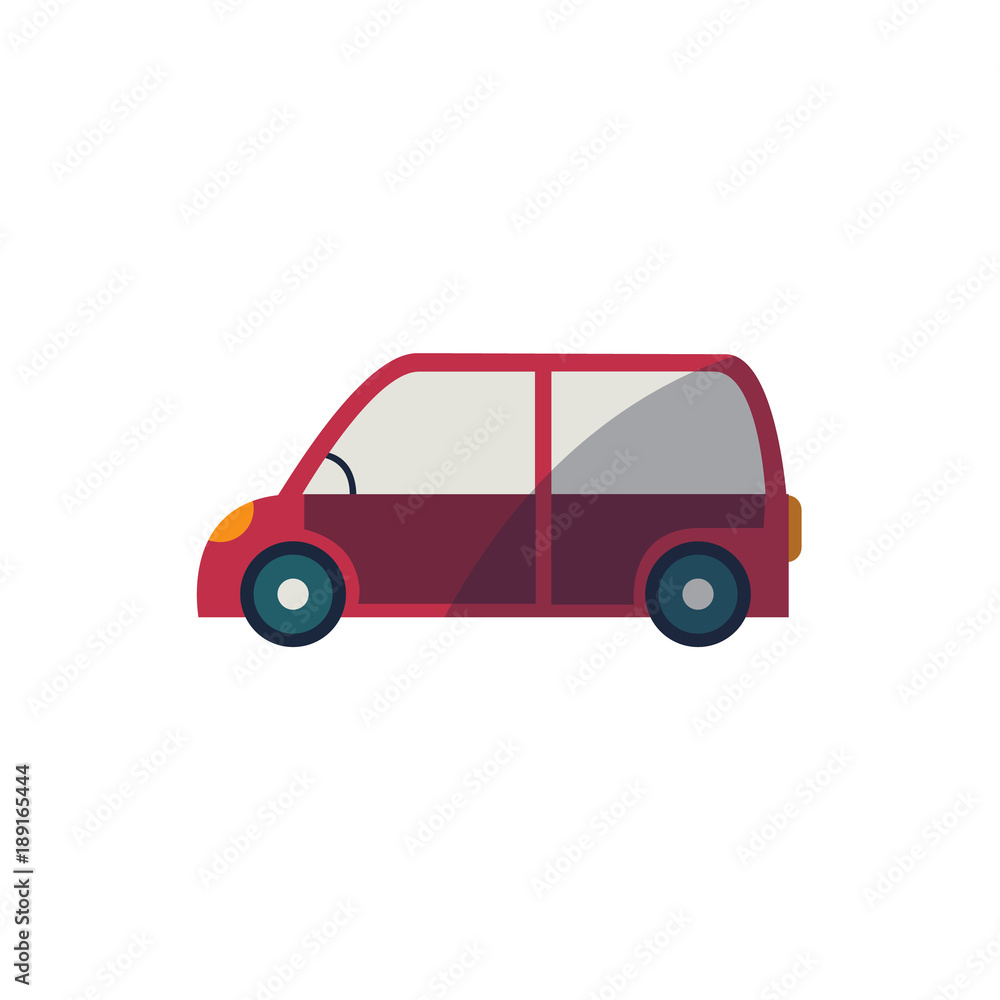 vector cartoon funny stilyzed red colored mini van car side view. Isolated illustration on a white background. Road motor vehicle transport.