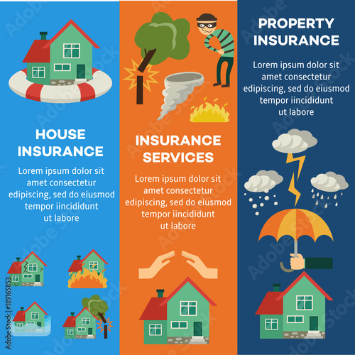 Vector house insurance infographic posters set. House, property insurance, insurance services. Natural disasters, thief, housebreaking compensation for damage. Illustration on blue background.