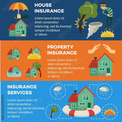 Vector house insurance infographic posters set. House, property insurance, insurance services. Natural disasters, thief, housebreaking compensation for damage. Illustration on blue background.