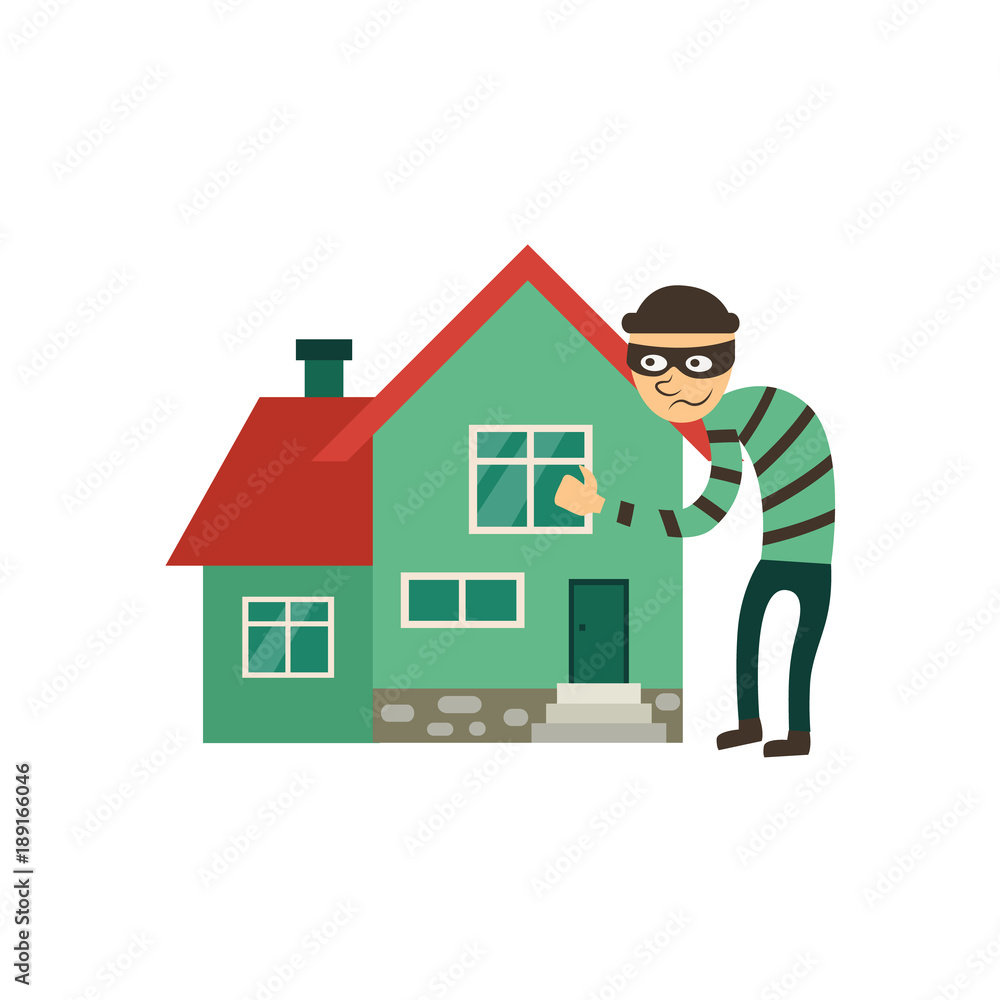 Insurance, protection from theft, robbery icon with male thief hugging cottage house, flat vector illustration isolated on white background. Flat style icon – house theft, robbery insurance Insurance, protection from theft, robbery icon with male thief hugging cottage house, flat vector illustration isolated on white background. Flat style icon – house theft, robbery insurance