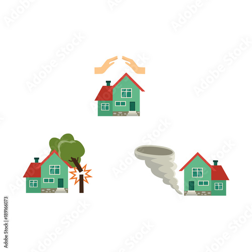 Vector flat house insurance concept set. House being damaged by tornado wind hurricane or whirlwind, falling tree, hands protecting house. Natural disaster insurance scenes. Isolated illustration