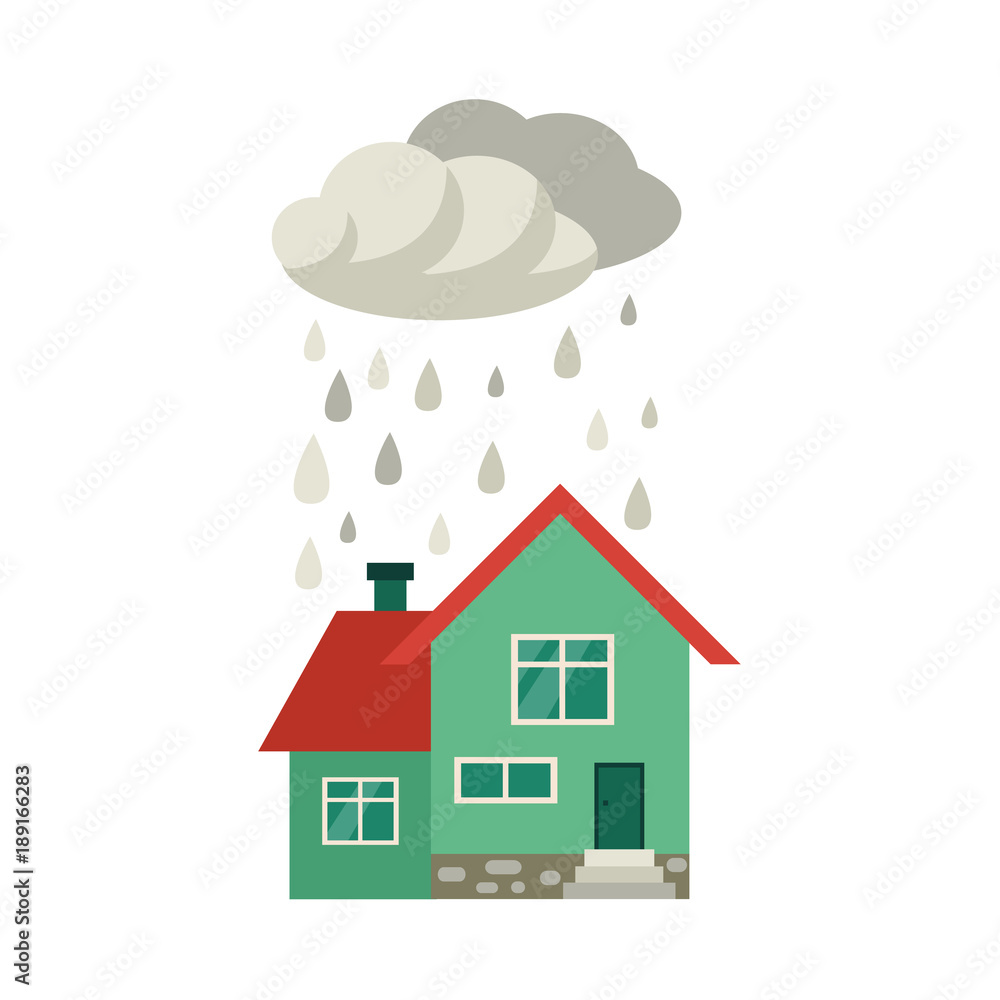 Vector flat house insurance concept. House being damaged by wind, pouring rain. Natural disaster insurance scene. Isolated illustration on a white background Vector flat house insurance concept. House being damaged by wind, pouring rain. Natural disaster insurance scene. Isolated illustration on a white background