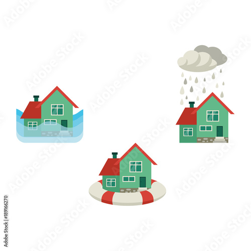 Vector flat house insurance concept set. Private house being protecting from flood disasters by inflatable ring, damaged by snowfall, flood. Natural disaster insurance. Isolated illustration