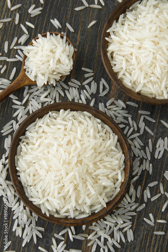 Basmati rice in small wooden bowls