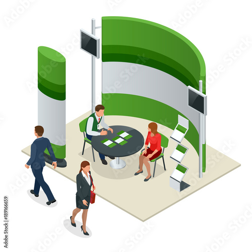 Advertising exhibition stands mockup 3D composition for a recruitment agency or tour agencies. Vector isometric illustration
