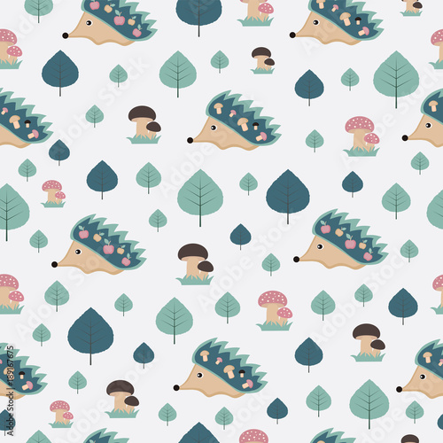 seamless texture, hedgehogs with leaves and mushrooms