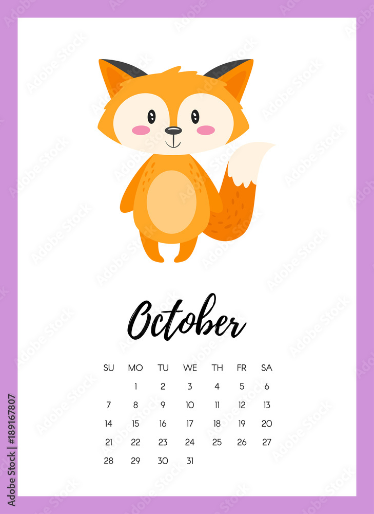 Naklejka premium October 2018 year calendar page