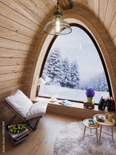 Bild auf Leinwand Cozy small room on cold winter night in the mountains, evening interior of chale
