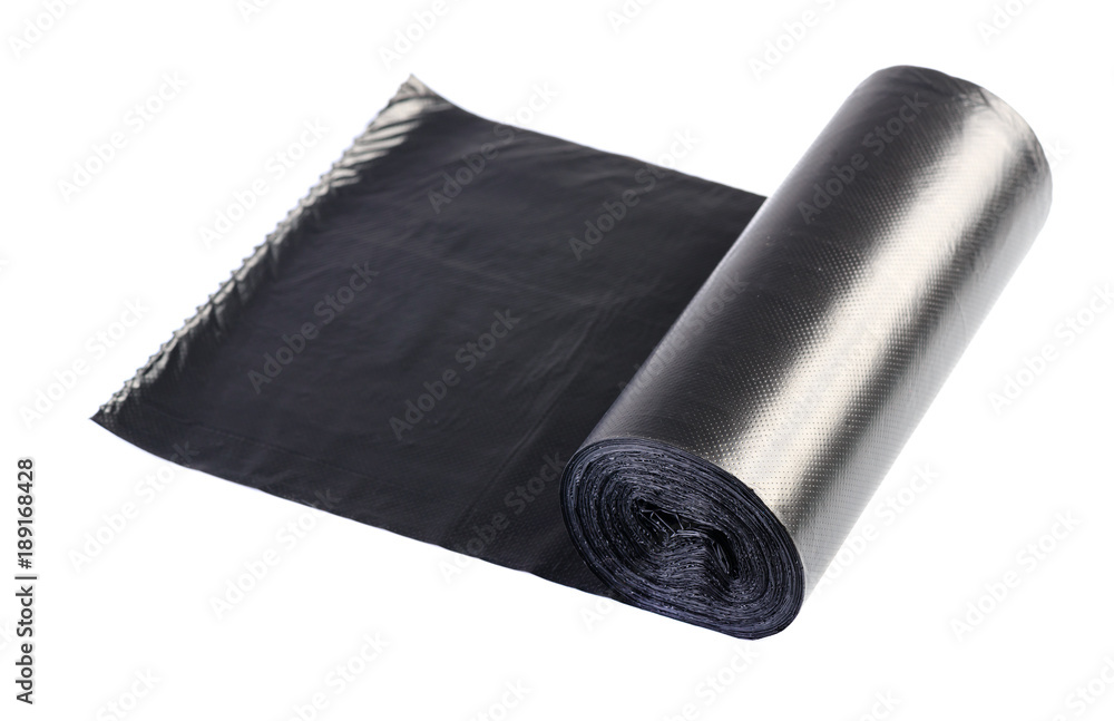 Black plastic polyethylene garbage bag roll isolated on white background Black plastic polyethylene garbage bag roll isolated on white background