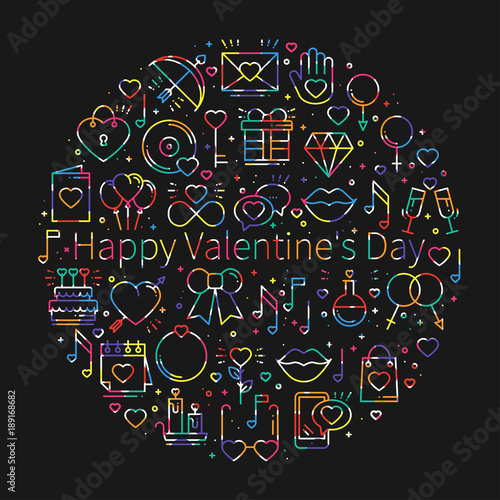 Circle with love symbols in line style. Love couple relationship dating wedding romantic amour concept theme. Unique Valentine day round print. Elements, icons.
