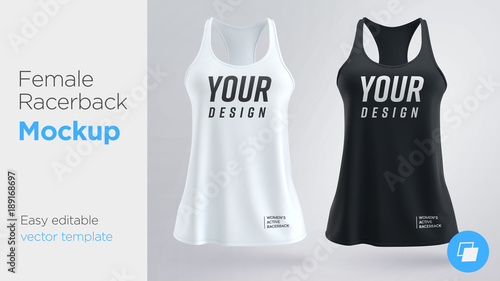 Women's white and black sleeveless tank top. Female active racerback mockup photo