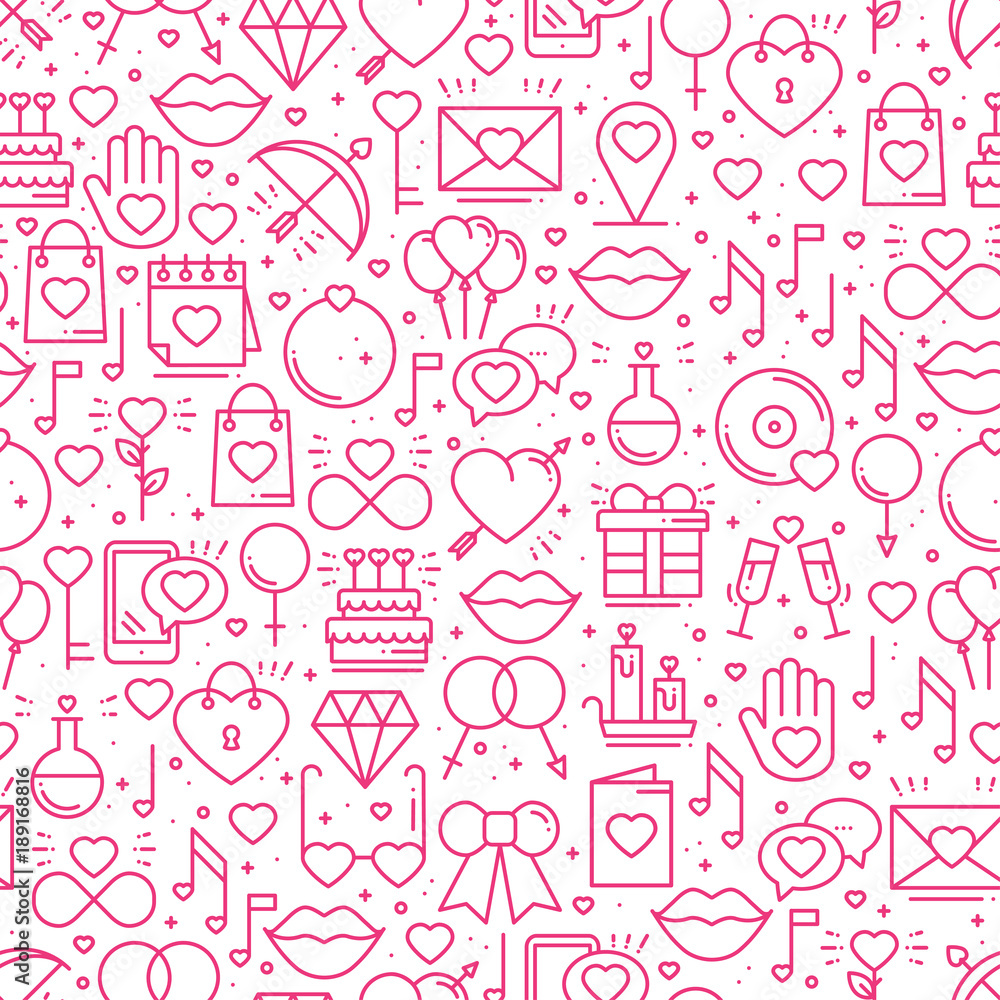 Seamless pattern with love symbols in line style. Valentines day. Love heart couple relationship dating wedding romantic amour theme. Vector illustration. Background.
