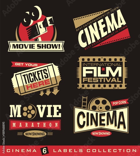 Cinema and movies set of labels, emblems, banners and design elements