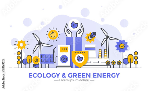 Flat Line Modern Concept Illustration - Ecology and Green Energy