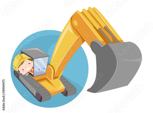Kid Boy Operate Excavator Illustration