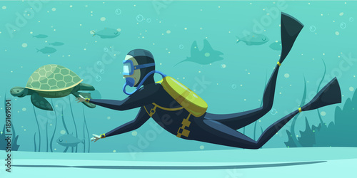 Underwater Diving Sport Cartoon Poster 